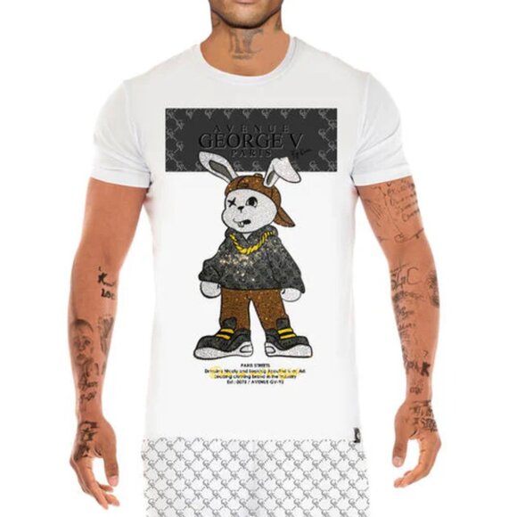 Avenue George V Paris Short Set Men's White 2 piece set Rabbit Rhinestone XL - Picture 3 of 9